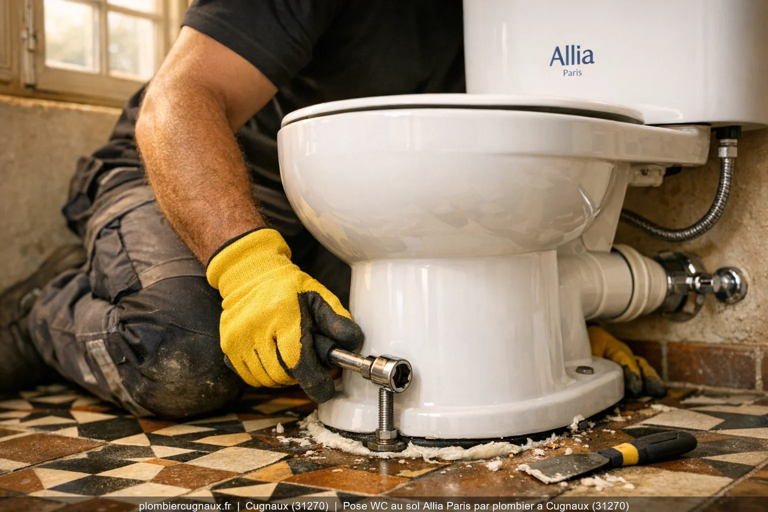 Pose WC au sol Allia Paris par plombier a Cugnaux (31270)